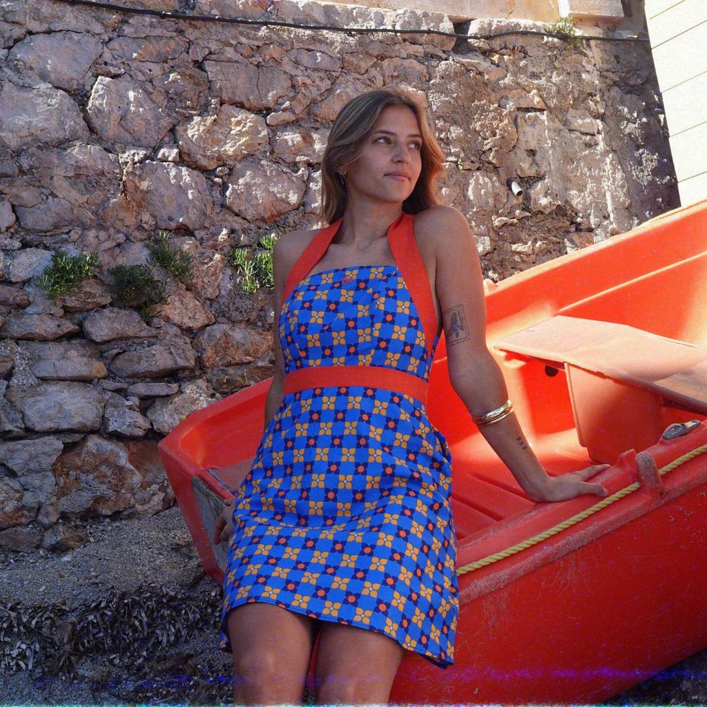 Edition Limitée - ROBE AUDREY MOTIFS FLEURS RETRO BLEU / ORANGE
