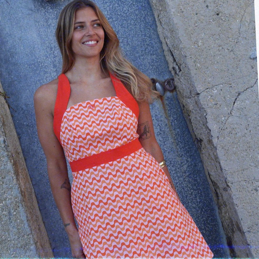 Edition Limitée - ROBE AUDREY MOTIFS VAGUES ROSE ORANGE