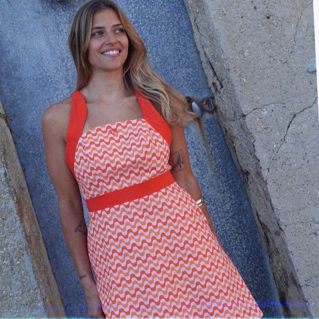 Edition Limitée - ROBE AUDREY MOTIFS VAGUES ROSE ORANGE